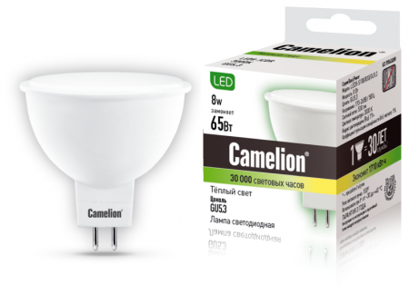 Лампа светодиодная LED8-S108/830/GU5.3 8Вт рефлектор матовая 3000К тепл. бел. GU5.3 150-265В Camelion 12871