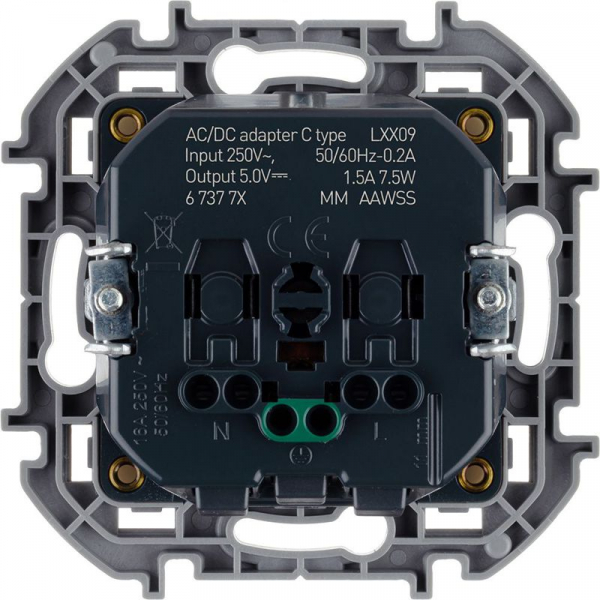 Розетка 1-м СП Inspiria 16А IP20 250В 2P+E немецк. стандарт с заряд. устр. USB тип C 1.5А 5В механизм сл. кость IEK 673771