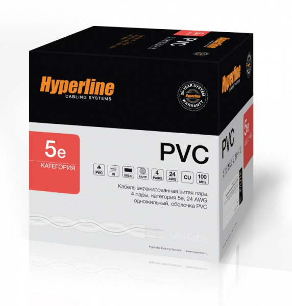 Кабель витая пара F/UTP кат.5E 4х2х24AWG solid PVC FUTP4-C5E-S24-IN-PVC-GY-305 сер. (м) Hyperline 42052